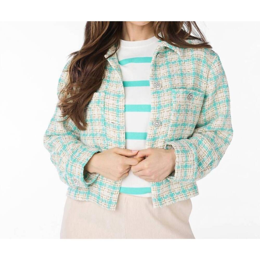 NEW ESQUALO bergette midi check blazer in off white and teal with gold